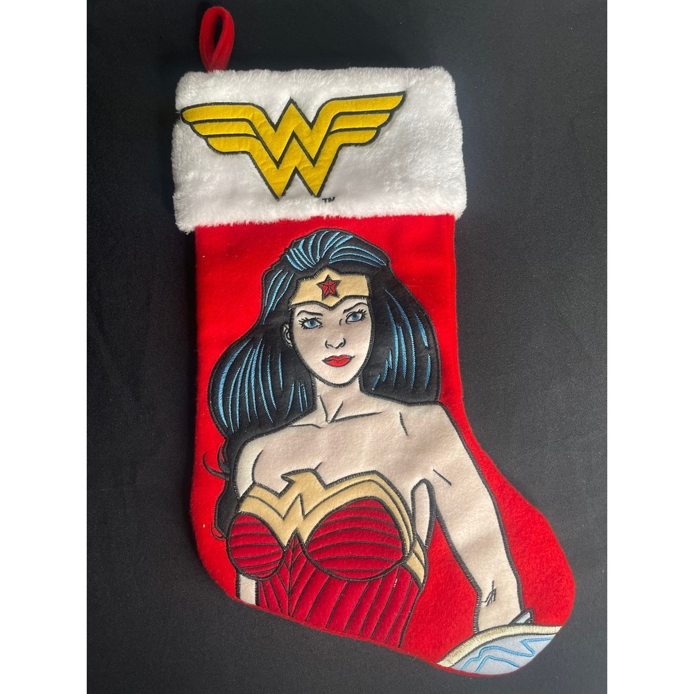 DC Comics Wonder Woman Christmas Stocking Red Felt Faux Fur Embroidered 18 inch